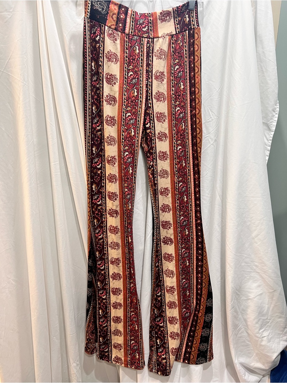 Women's Striped Boho Wide-Leg Leggings in Burgundy and Cream - Size L